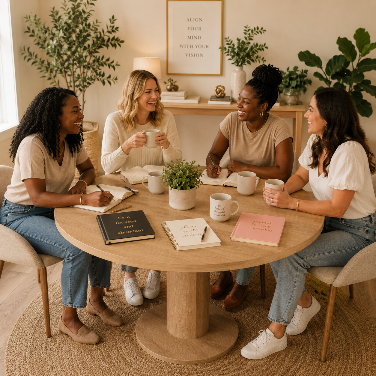 Four women gathered around a round wooden table laughing over coffee and journals